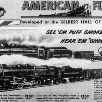 A four-color ad for American Flyer which promotes the famous Gilbert Hall of Science, the giant New York City showroom of Gilbert toys with elaborate train layouts which the public could view.