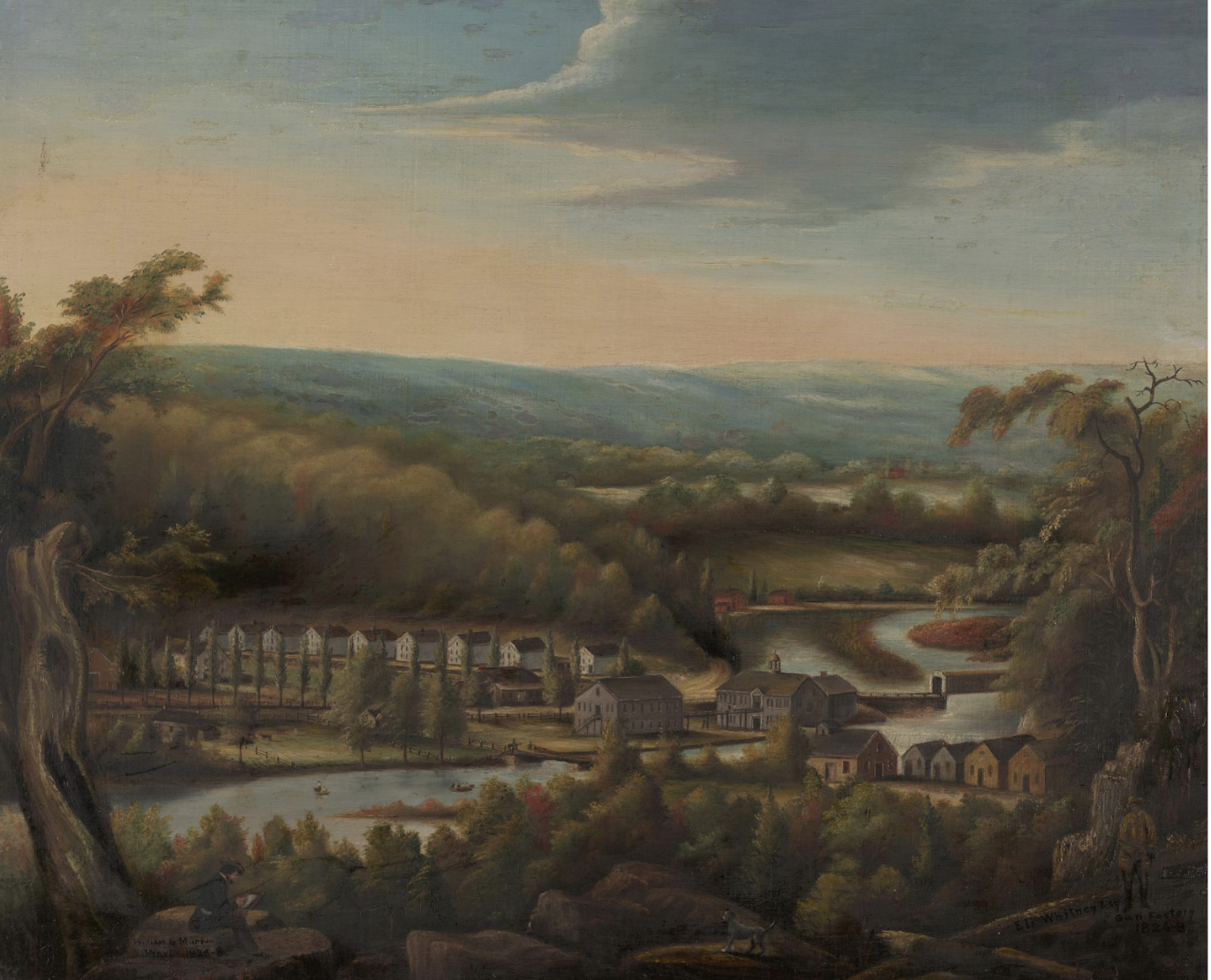 Detail of William Giles Munson, The Eli Whitney Gun Factory, c. 1826-28, showing married workers’ houses and boarding house (behind trees). Yale University Art Gallery, 1946.36.