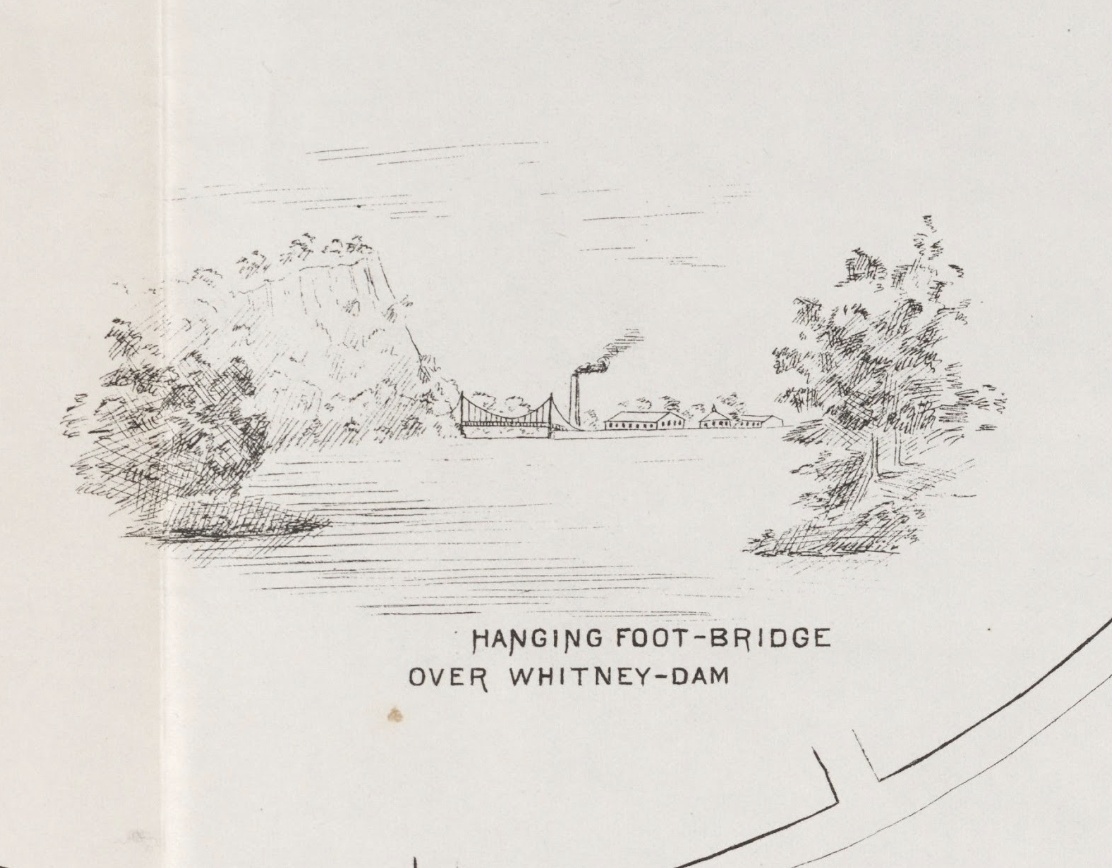 Details of Mitchell’s plan, showing illustration of proposed footbridge above the Whitney Dam, with East Rock and the Armory and Waterworks beyond