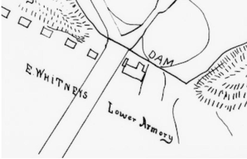 Detail of 1857 Survey of the Mill River and its surroundings, made in advance of the creation of Lake Whitney, showing the Armory workshop below the dam. Library of Congress HAER CONN,5-HAM,3--26.  