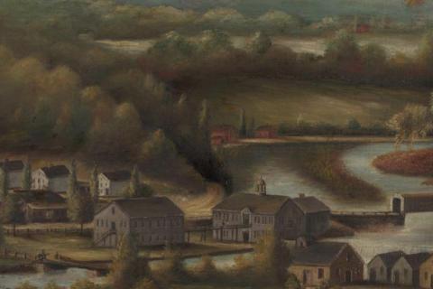 Detail of William Giles Munson, The Eli Whitney Gun Factory, c. 1826-28, showing the Armory workshops and surroundings. Yale University Art Gallery, 1946.36.
